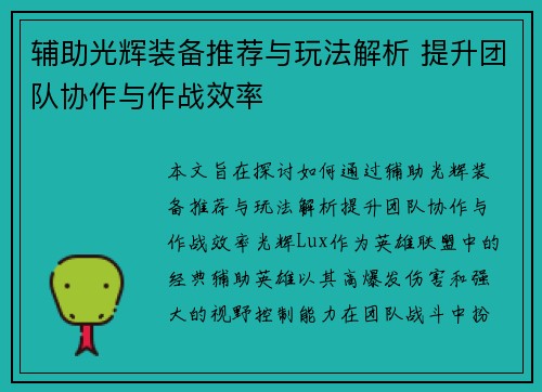 辅助光辉装备推荐与玩法解析 提升团队协作与作战效率