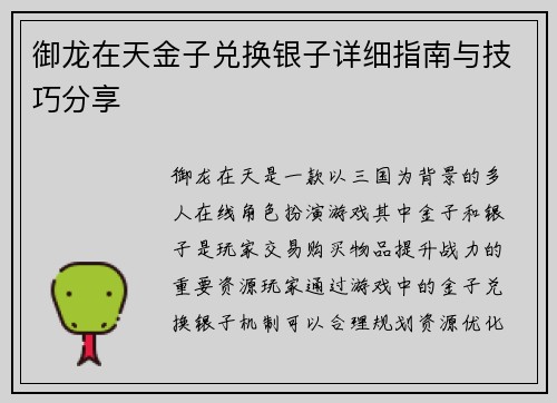 御龙在天金子兑换银子详细指南与技巧分享